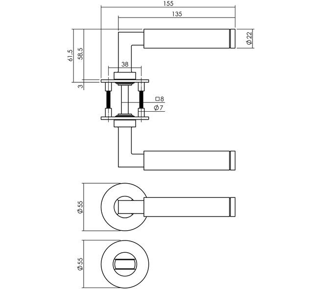 Deurkruk Baustil op rozet verdekt met magneet ø55x3mm met nokken en WC-sluiting met stift 8x8mm rvs
