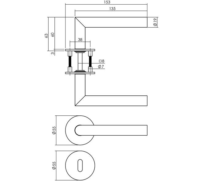 Deurkruk Jura op rozet verdekt met magneet ø55x3mm met nokken en sleutelrozetten rvs