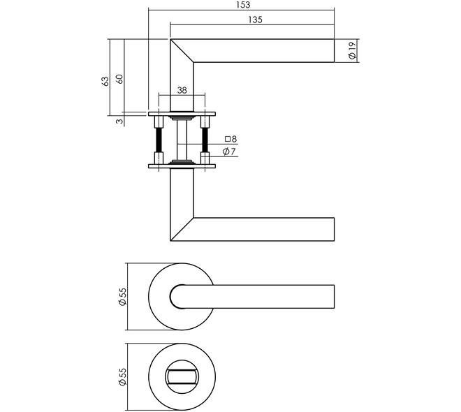 Deurkruk Jura op rozet verdekt met magneet ø55x3mm met nokken en WC-sluiting met stift 8x8mm rvs