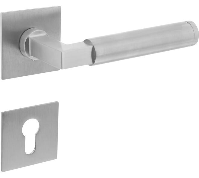Deurkruk Baustil op rozet verdekt met magneet 55x55x3mm met nokken en cilinderrozetten rvs