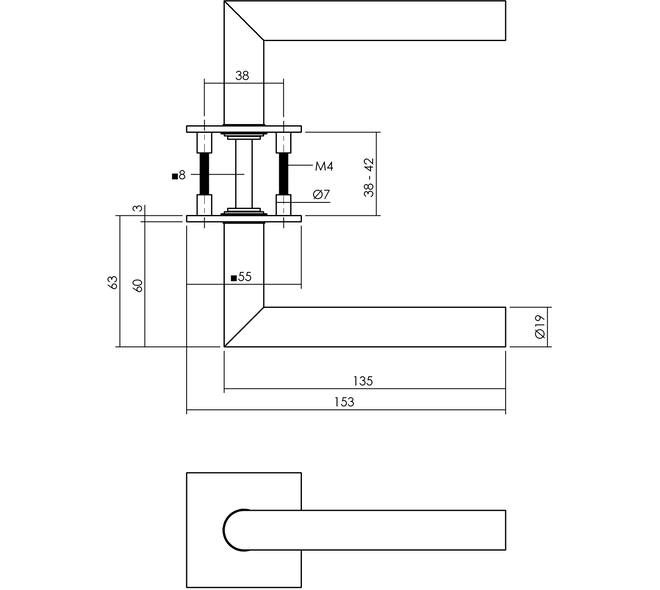 Deurkruk Jura op rozet verdekt met magneet 55x55x3mm met nokken rvs