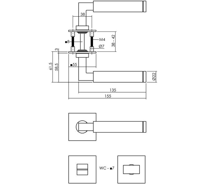 Deurkruk Jura op rozet verdekt met magneet 55x55x3mm met nokken en WC-sluiting met stift 7x7mm rvs