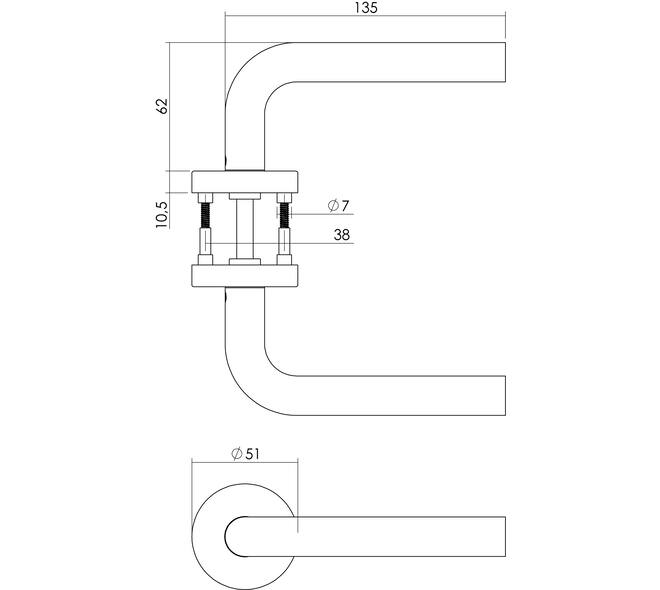 Deurkruk Recht met rozet verdekt ATP ø51x10mm met nokken en WC-sluiting met stift 8x8mm rvs