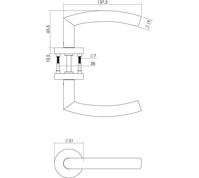 Deurkruk Half rond/90° met rozet verdekt ATP ø51x10mm met nokken rvs