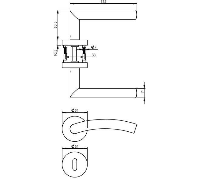Deurkruk Lisa/90° met rozet verdekt ATP ø51x10mm met nokken en sleutelrozetten rvs