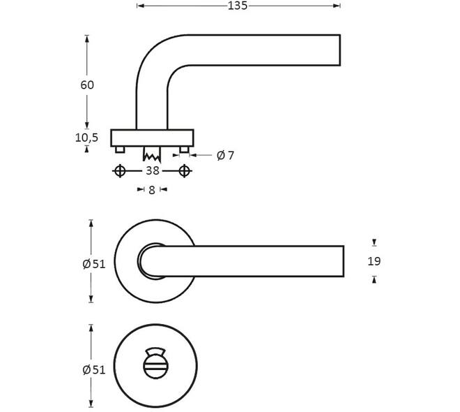 Deurkruk Gebogen met rozet verdekt ATP ø51x10mm met nokken en WC-sluiting met stift 8x8mm rvs