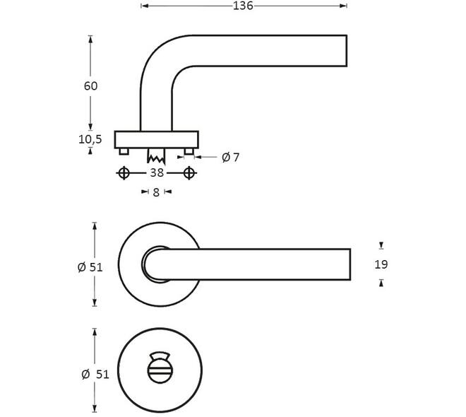 Deurkruk Rond met rozet verdekt ATP ø51x10mm met nokken en WC-sluiting met stift 8x8mm rvs