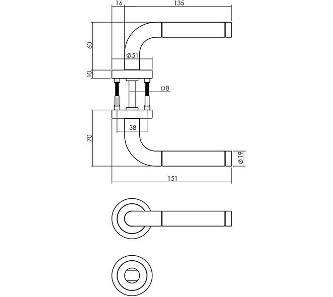 Deurkruk Agatha met rozet verdekt ATP ø51x10mm met nokken en WC-sluiting met stift 8x8mm rvs