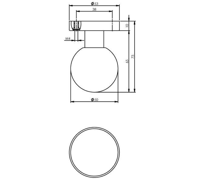 Knoprozet verdekt ø53x10mm met nokken en vaste knop bol rvs