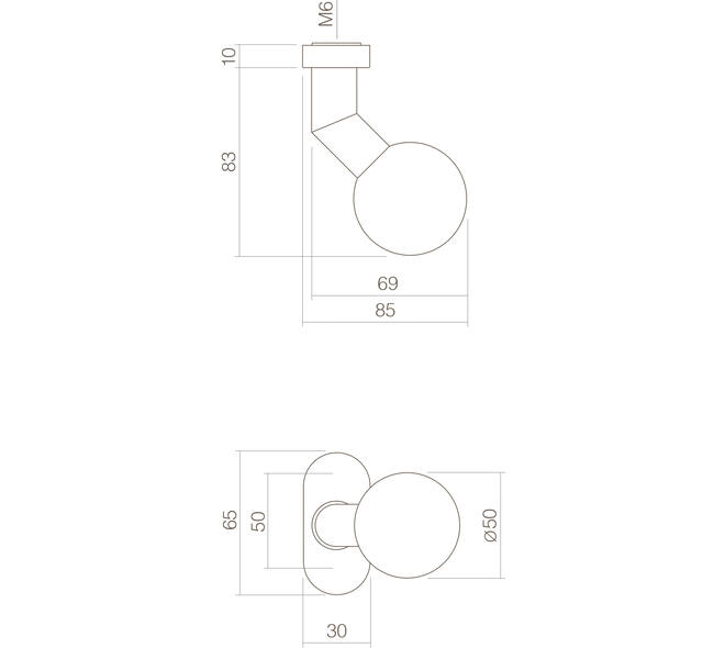 Knoprozet verdekt ovaal 65x30x5mm met vaste knop bol/schuin rvs