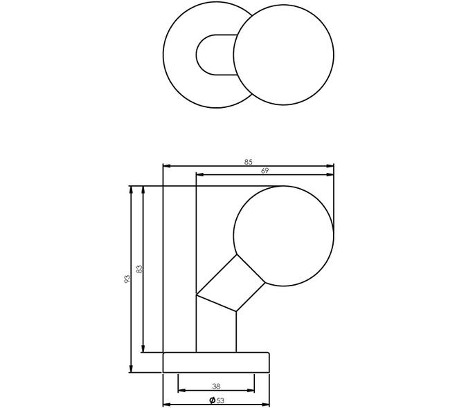 Knoprozet verdekt ø53x10mm met nokken en vaste knop bol/schuin rvs