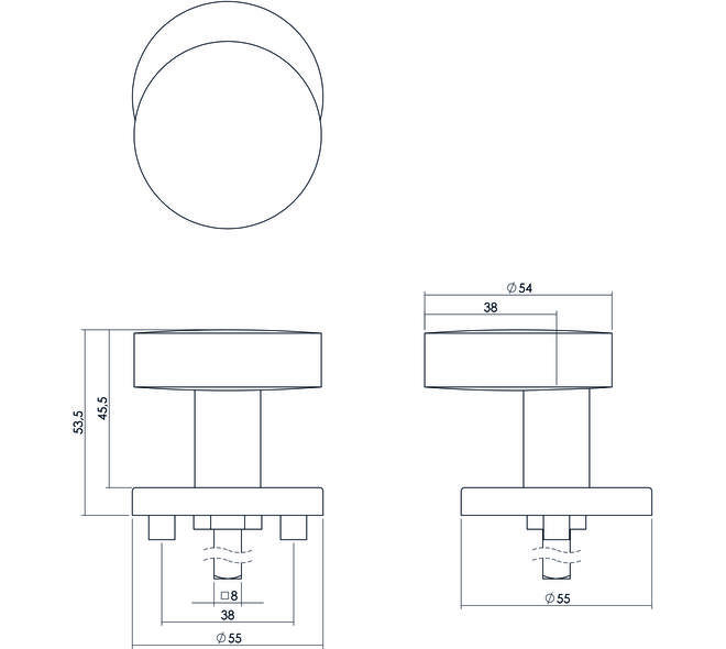 Knoprozet verdekt ø55x8mm met nokken en vaste knop plat excentrisch met wisselstift rvs