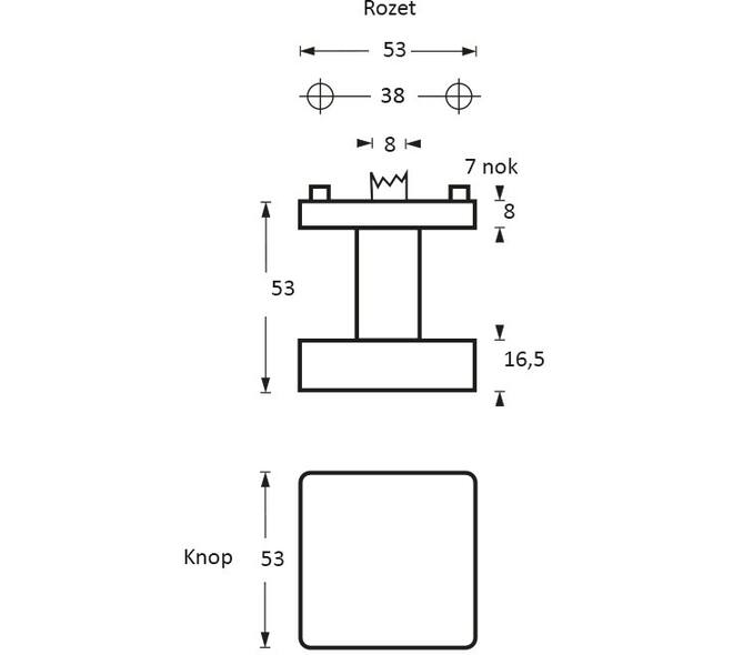 Knoprozet verdekt 53x53x8mm met nokken en vaste knop vierkant met wisselstift rvs
