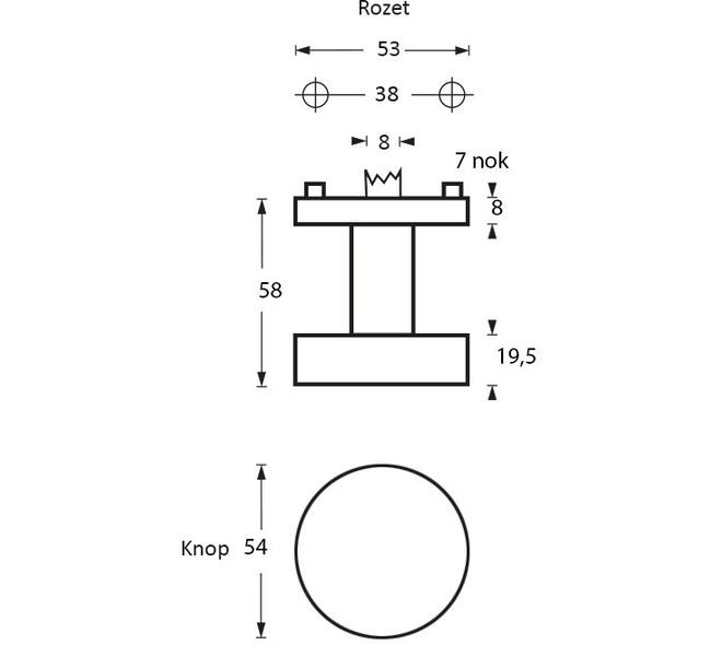 Knoprozet verdekt ø53x8mm met nokken en vaste knop plat met wisselstift rvs