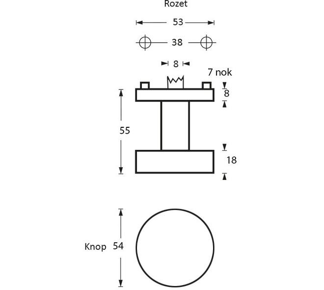 Knoprozet verdekt ø53x8mm met nokken en vaste knop plat excentrisch met wisselstift rvs