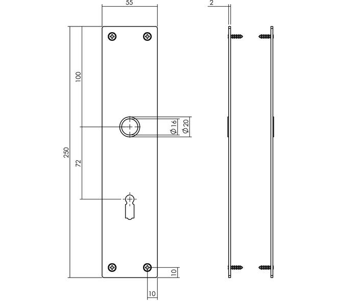 Schilden rechthoekig 250x55x2mm sleutelgat 72mm rvs