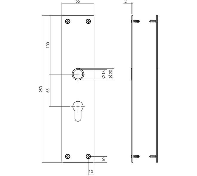 Schilden rechthoekig 250x55x2mm profielcilindergat 55mm rvs