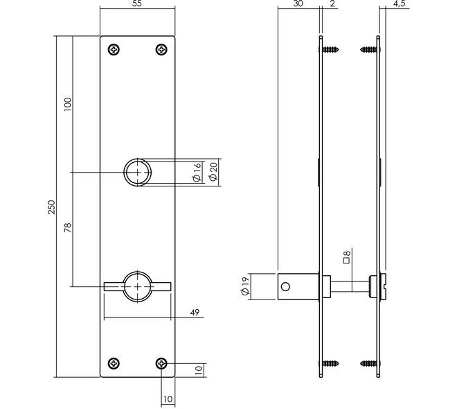 Schilden rechthoekig 250x55x2mm wc 78/8mm rvs