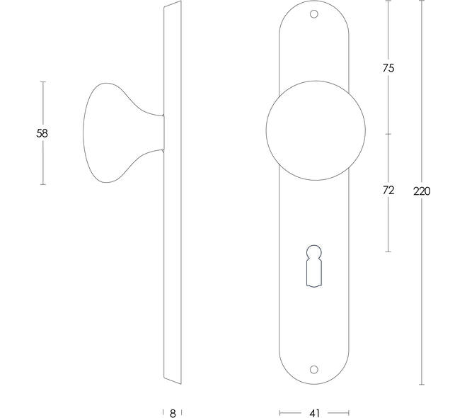 Knopschild ovaal 220x41x8mm met vaste knop paddenstoel sleutelgat 72mm rvs