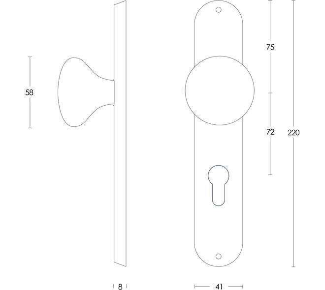Knopschild ovaal 220x41x8mm met vaste knop paddenstoel profielcilindergat 72mm rvs