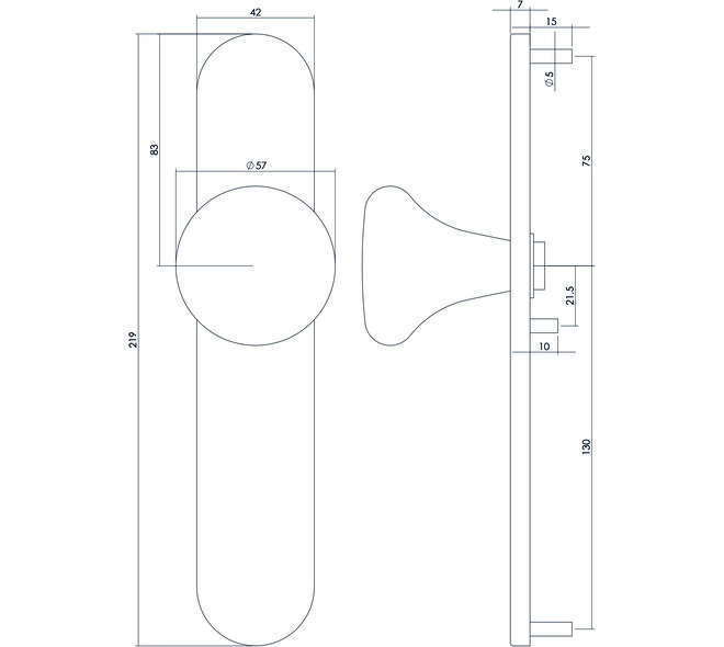 Knopschild ovaal verdekt 220x42x8mm met nokken en vaste knop paddenstoel blind rvs