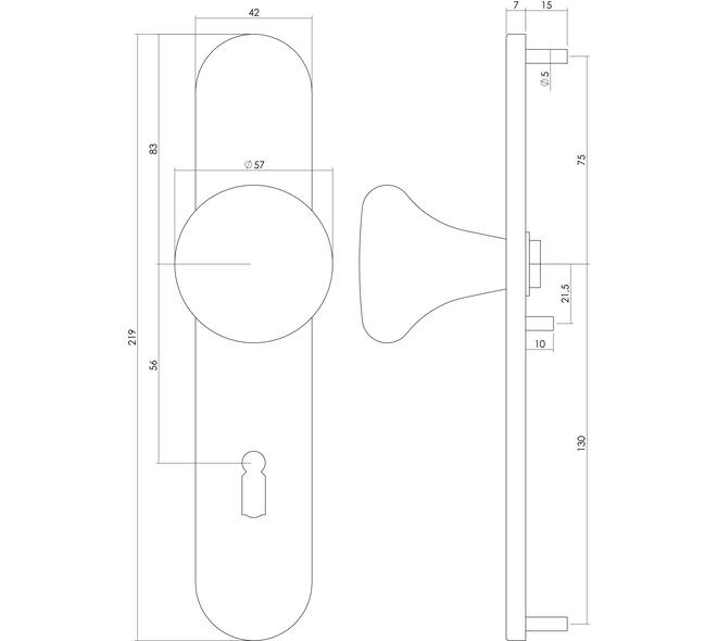 Knopschild ovaal verdekt 220x42x8mm met nokken en vaste knop paddenstoel sleutelgat 56mm rvs