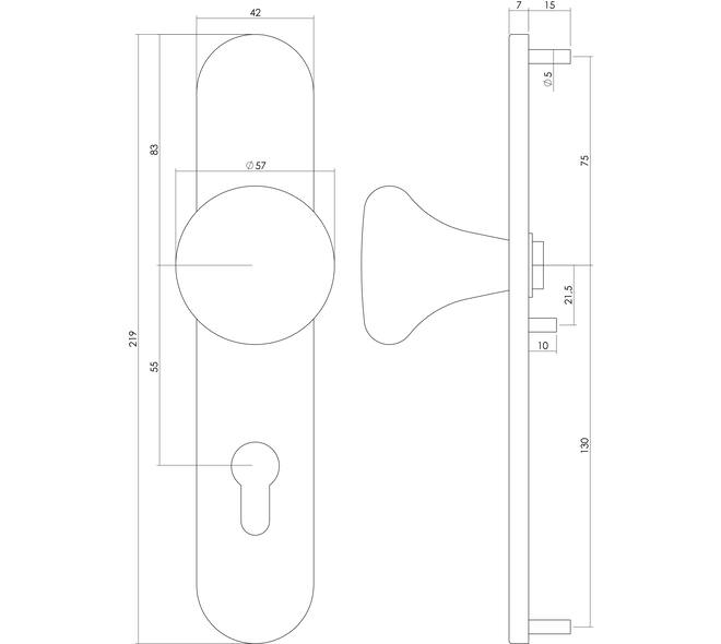 Knopschild ovaal verdekt 220x42x8mm met nokken en vaste knop paddenstoel profielcilindergat 55mm rvs