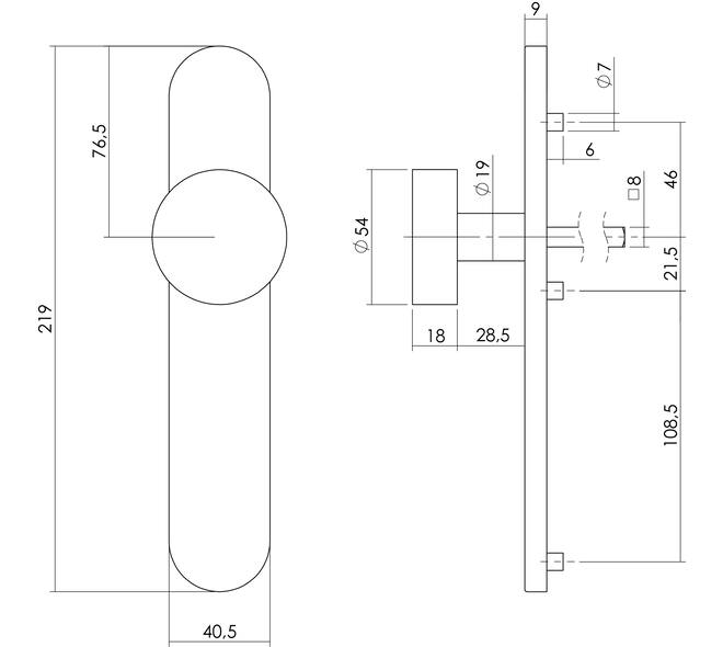 Knopschild ovaal verdekt 219x41x8mm met nokken en vaste knop plat blind rvs