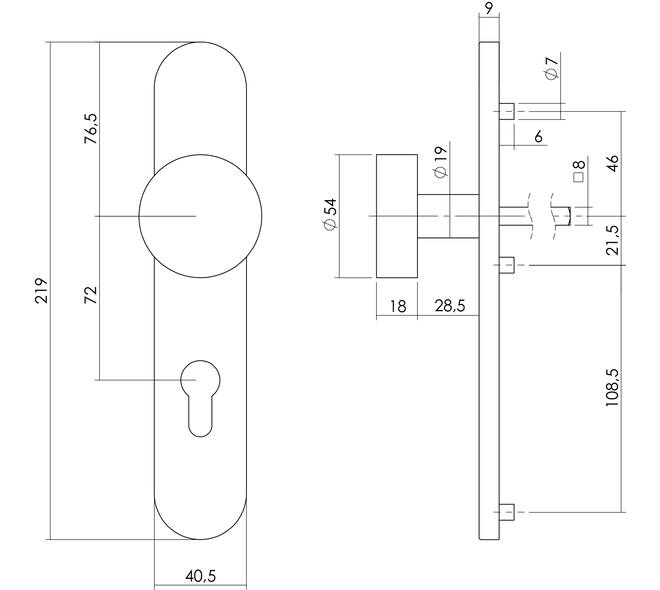 Knopschild ovaal verdekt 219x41x8mm met nokken en vaste knop plat profielcilindergat 72mm rvs