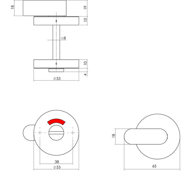 WC-sluiting verdekt ø53x10mm met comfortknop en stift 8x8mm rvs