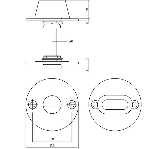 WC-sluiting Ø51x2mm zonder venster met stift 8x8mm rvs