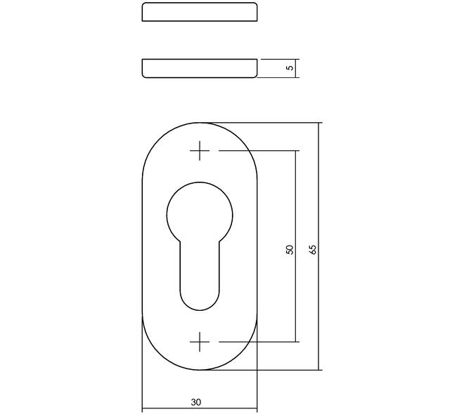 Cilinderrozetten verdekt ovaal 65x30x5mm rvs