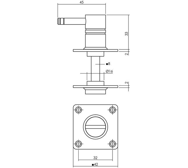 WC-sluiting 42x42x2mm met stift 8x8mm rvs