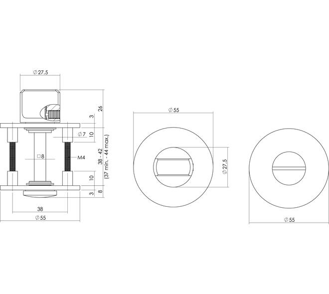 WC-sluiting verdekt met magneet ø55x3mm met nokken en stift 8x8mm rvs