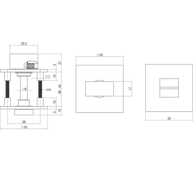 WC-sluiting verdekt met magneet 55x55x3mm met nokken en stift 8x8mm rvs