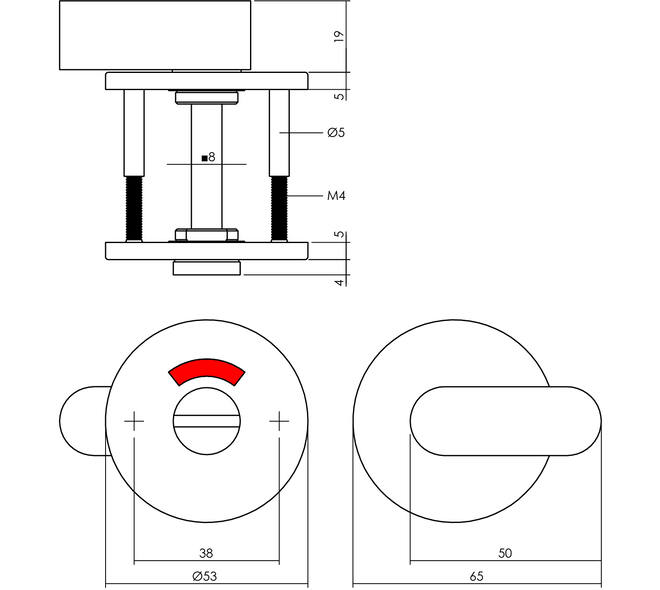 WC-sluiting verdekt ø53x5mm met comfortknop en stift 8x8mm rvs