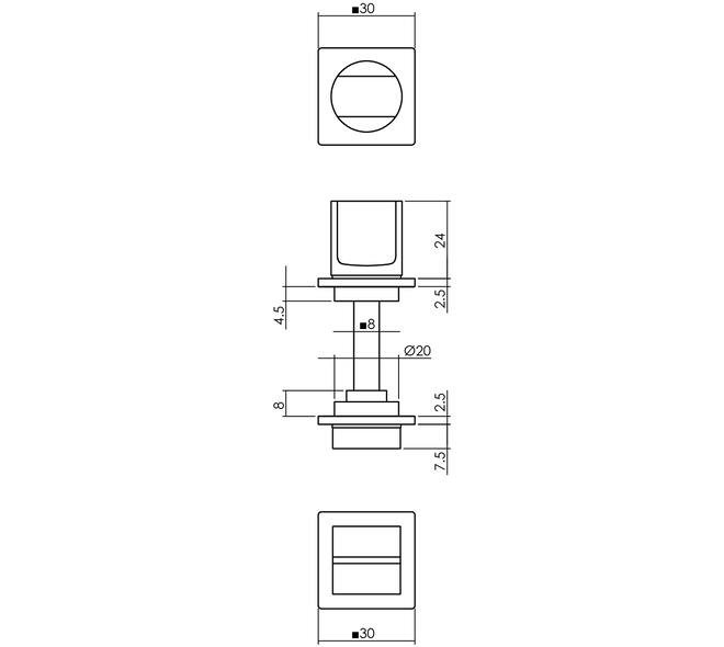 WC-sluiting zelfklevend 30x30x3mm met stift 8x8mm rvs