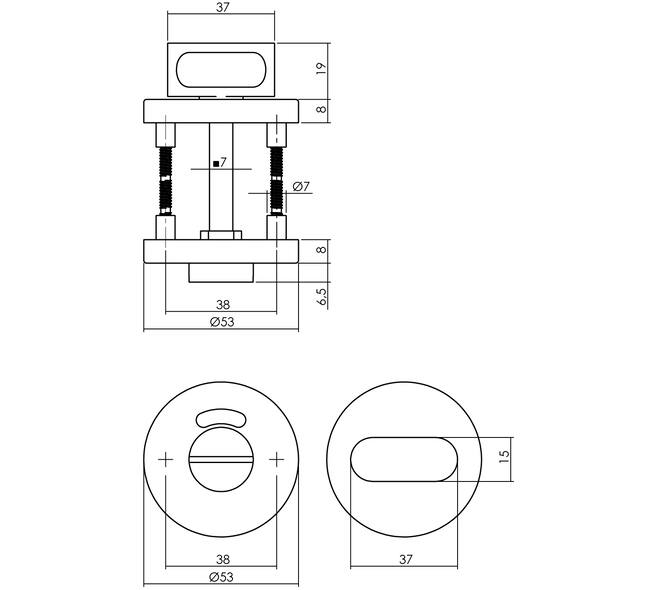 WC-sluiting verdekt ø53x8mm met nokken en stift 7x7mm rvs