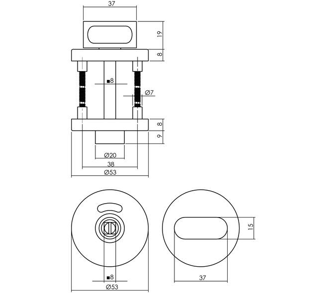 WC-sluiting verdekt ø53x8mm stiftbediening met nokken en stift 8x8mm rvs