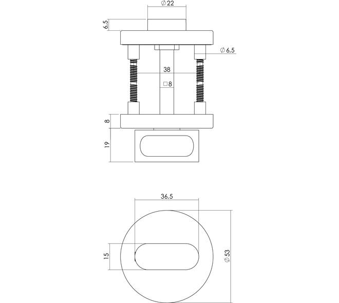 WC-sluiting verdekt ø53x8mm zonder venster met nokken en stift 8x8mm rvs
