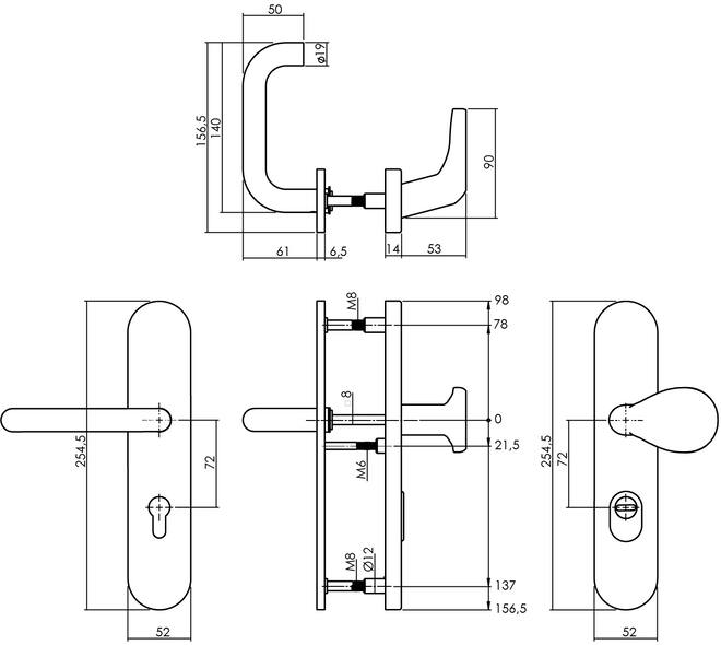 SKG3 veiligheidsbeslag ovaal verdekt 255x52mm greep/kruk Rond profielcilindergat 72mm met kerntrekbeveiliging rvs