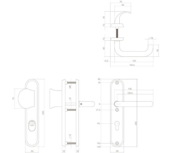 SKG3 veiligheidsbeslag ovaal 250x50mm greep/kruk Rond met veerconstructie profielcilindergat 55mm met kerntrekbeveiliging rvs