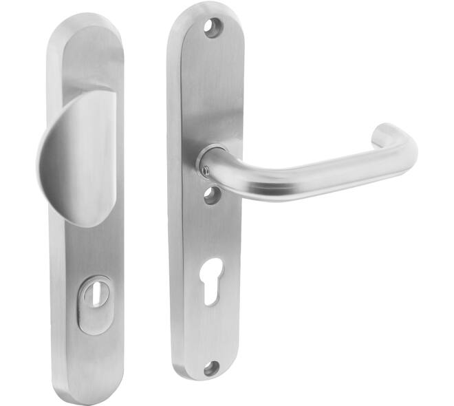 SKG3 veiligheidsbeslag ovaal 250x50mm greep/kruk Rond met veerconstructie profielcilindergat 72mm met kerntrekbeveiliging rvs