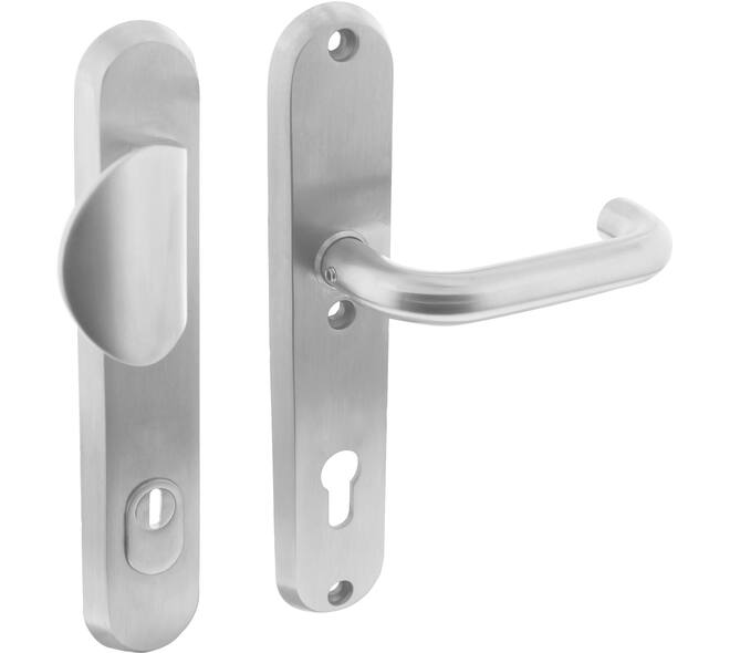 SKG3 veiligheidsbeslag ovaal 250x50mm greep/kruk Rond met veerconstructie profielcilindergat 92mm met kerntrekbeveiliging rvs