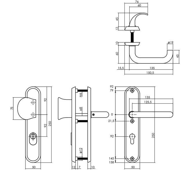 SKG3 veiligheidsbeslag ovaal 250x50mm greep/kruk Rond met veerconstructie profielcilindergat 92mm met kerntrekbeveiliging rvs