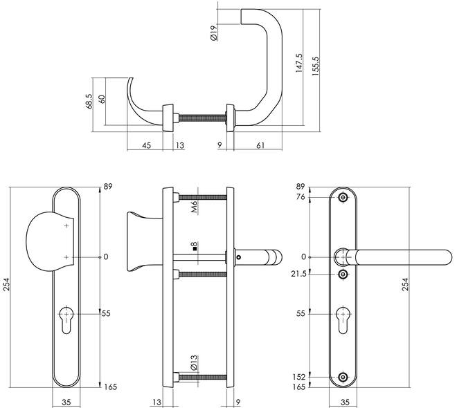 SKG3 smalschilden greep/kruk verkropt profielcilindergat 55mm RVS