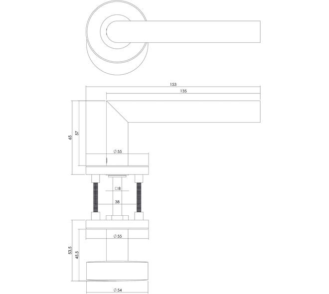 Knop/kruk garnituur rechts Jura op rozet verdekt ø55x8mm en cilinderrozetten rvs