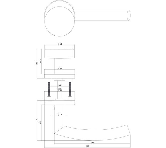 Knop/kruk garnituur links Half rond/90° op rozet verdekt ø55x8mm en cilinderrozetten rvs