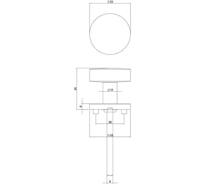 Knoprozet verdekt ø55x8mm met nokken en vaste knop plat met wisselstift rvs
