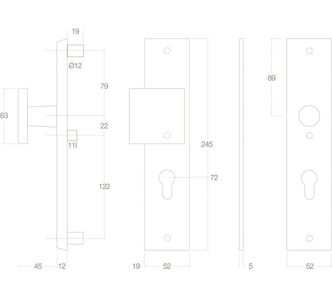 SKG3 veiligheidsschilden rechthoekig 250x50mm met greep profielcilindergat 72mm met kerntrekbeveiliging rvs